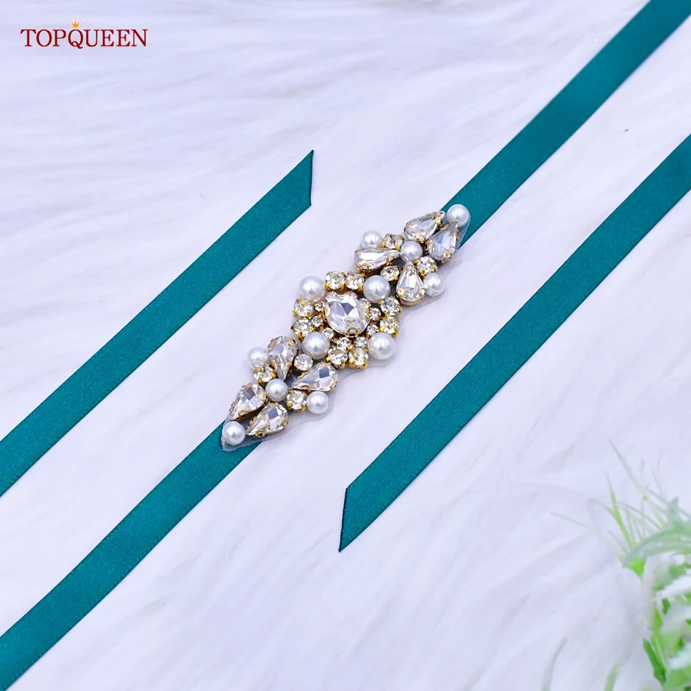 TOPQUEEN S52 New Style Pearl Belt Simple Gold Rhinestone Beaded Applique Bride Bridesmaid Wedding Accessories Women'S Dress Sash