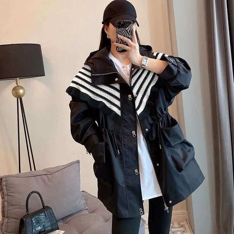 Streak Mid-length Coat Female Western Style Waist in Flounce Jacket Spring and Autumn 2024 New Fashion Hooded Loose