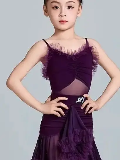 

Children's performancecostumes, new summerchildren'spractice clothes for girls,and popular purple and stylish Latin dance skirts
