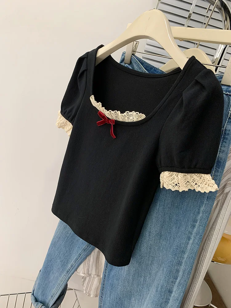 Harajuku Casual T-shirt Women Korean Style Kawaii Bow Crop Top Vintage Patchwork Square Collare Puff Sleeve Sweet Top