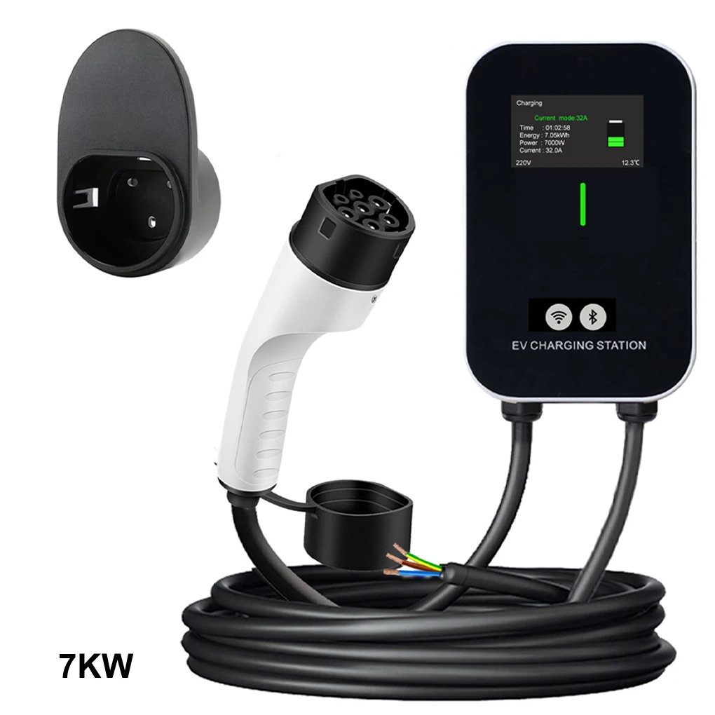 Pengisi Daya EV Kotak Dinding Tipe-2 7KW 11KW 22KW 1/3 Fase Stasiun Pengisian EV 16A 32A 5M Aplikasi Pengisi Daya EV Kontrol Bluetooth
