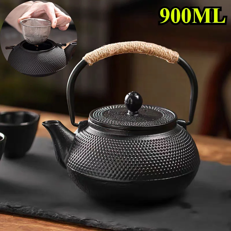 900ML Teapot Iron Tea Pot Tea Kettle Teapot for Boiling Water Kitchen Teaware Drinkware Set Oolong Tabletop Decor Charcoal Stove