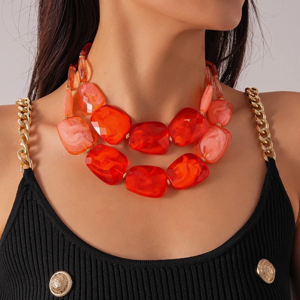 Facet-cut Chunky Acrylic Necklace Translucent-jelly Multi-hue Oversized Resin Strand Lightweight Water Ripple Pattern