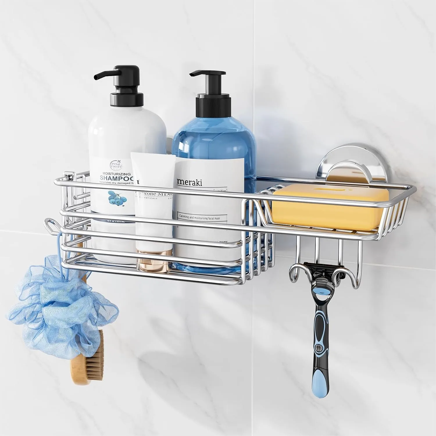 

Shower Caddy Suction Cup with Hooks & Soap Holder, Heavy Duty Bathroom Organizer, Removable Stainless Steel Shelf