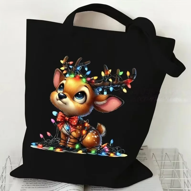 Cartoon Christmas Fawn Canvas Tote Bag Kawaii Reindeer Wrapped In Colorful Xmas Lights Shoulder Shopping Handbag