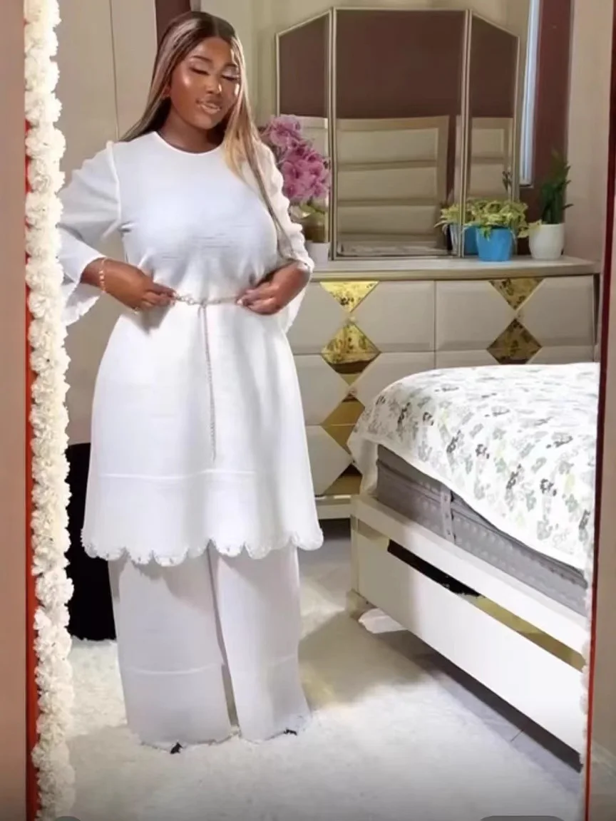 

Women Miyaki Miyake Pleated Large Size Two-Piece Pants Suit Top + Pants Long-Sleeved Wide-Leg Pants Round Neck Beaded Ruffled Loose and Comfortable Belt Slim Waist Casual Elegant High Elastic Elastic Lady