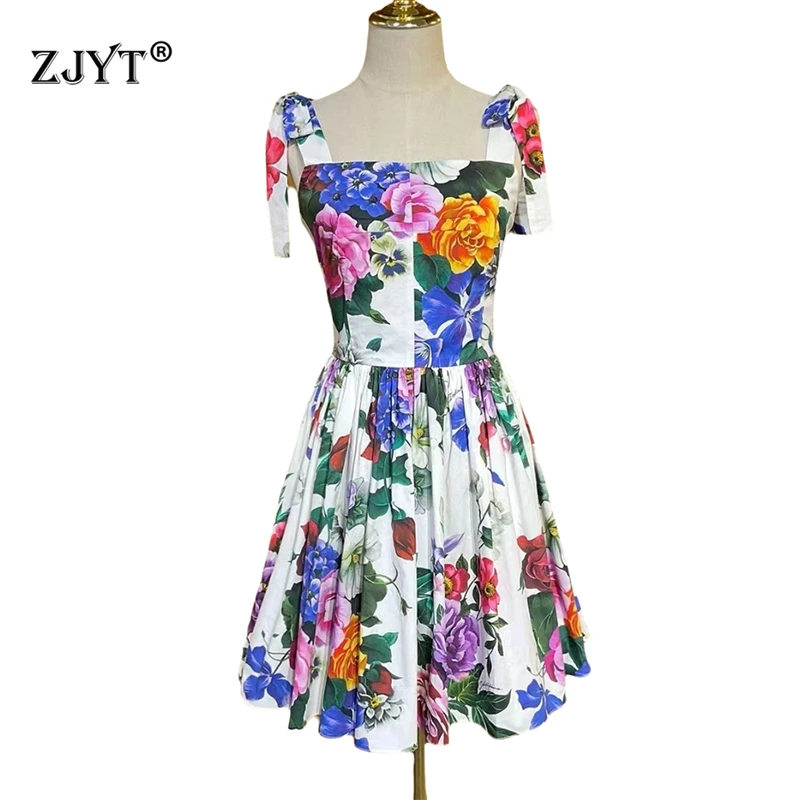 

ZJYT Women Floral Print 100% Cotton Beach Dress Spaghetti Strap Summer Holiday Party Mini Dresses Camisole Fashion Runway 2025