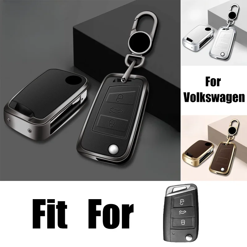 Zinc Alloy Leather Car Key Fob Case Cover Bag With Keychain For VW Tiguan Skoda Seat Golf Polo MK7 Karoq Leon Ibiza Ateca Fabia