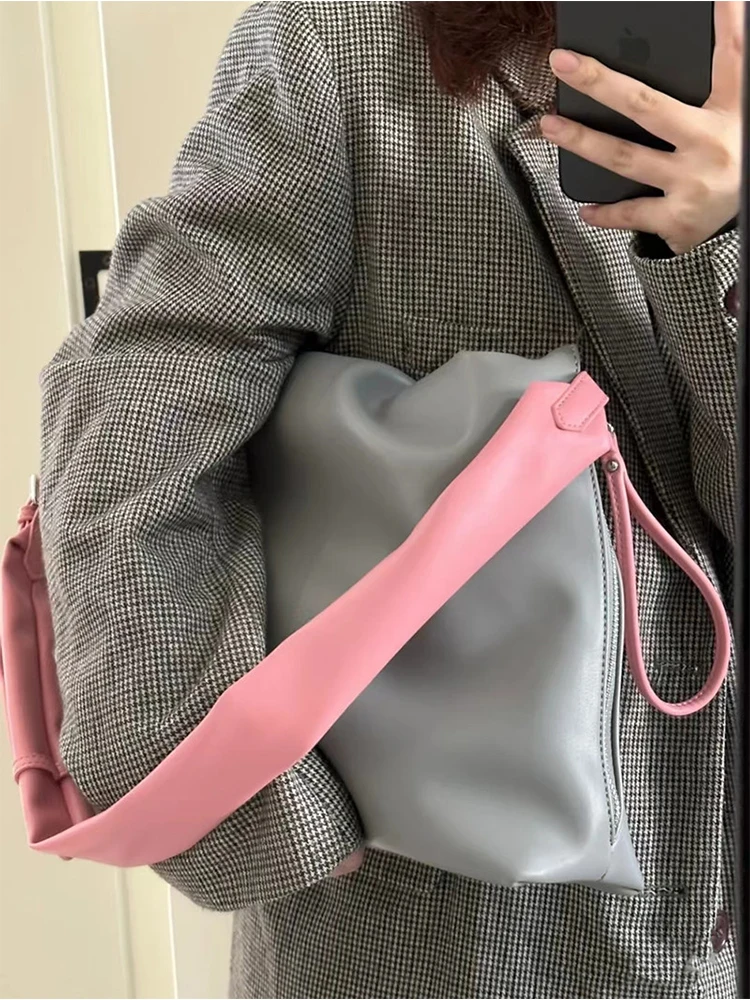 MABULA Gray and Pink Pu leather Shoulder Bag for Women Adjustable Strap Square Hobo Purse Simple Stylish Cross Messenger Handbag