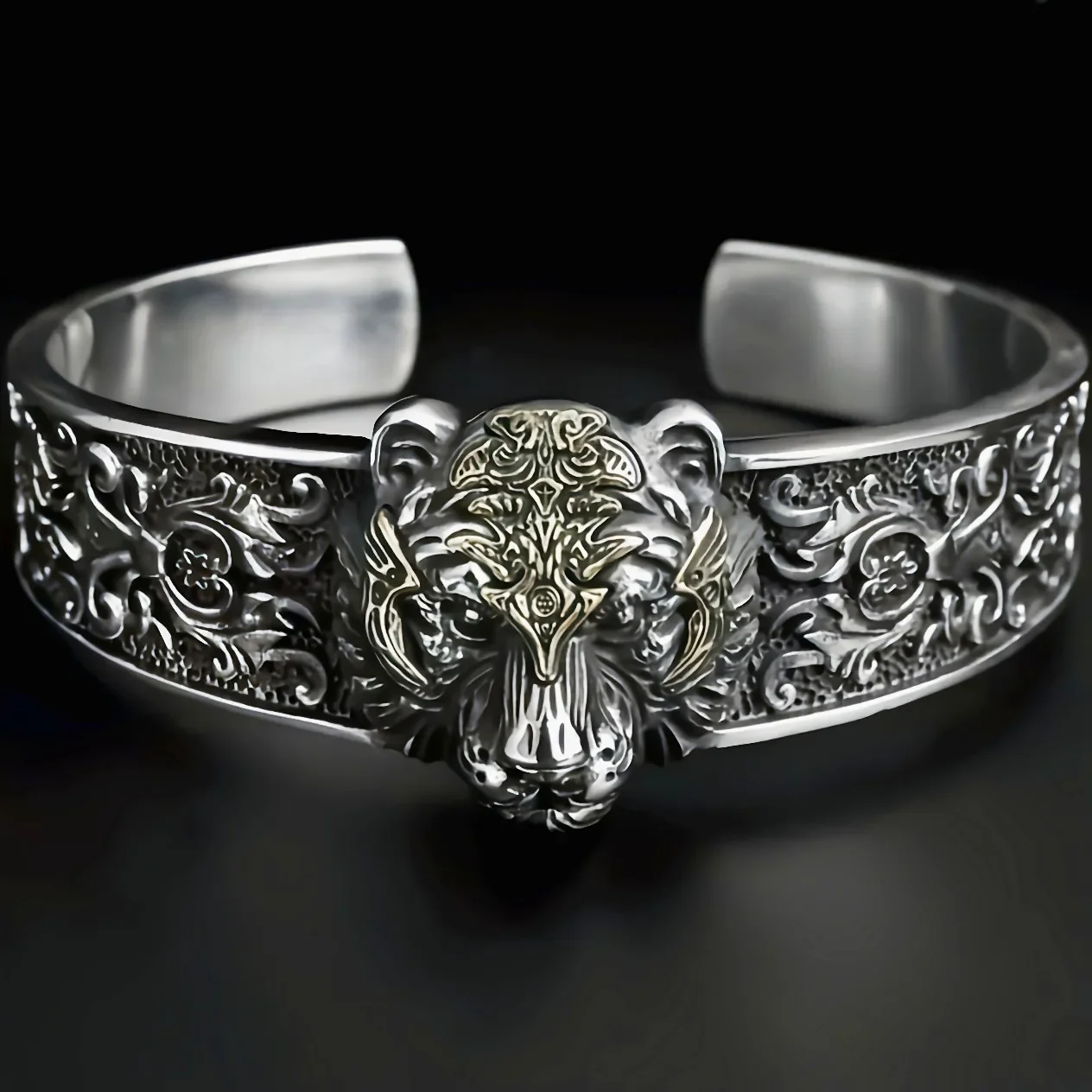 Boutique Domineering And Personalized Tibetan Silver Retro Opening Tiger Men's Fashion Bracelet Jewelry Accessories Gift