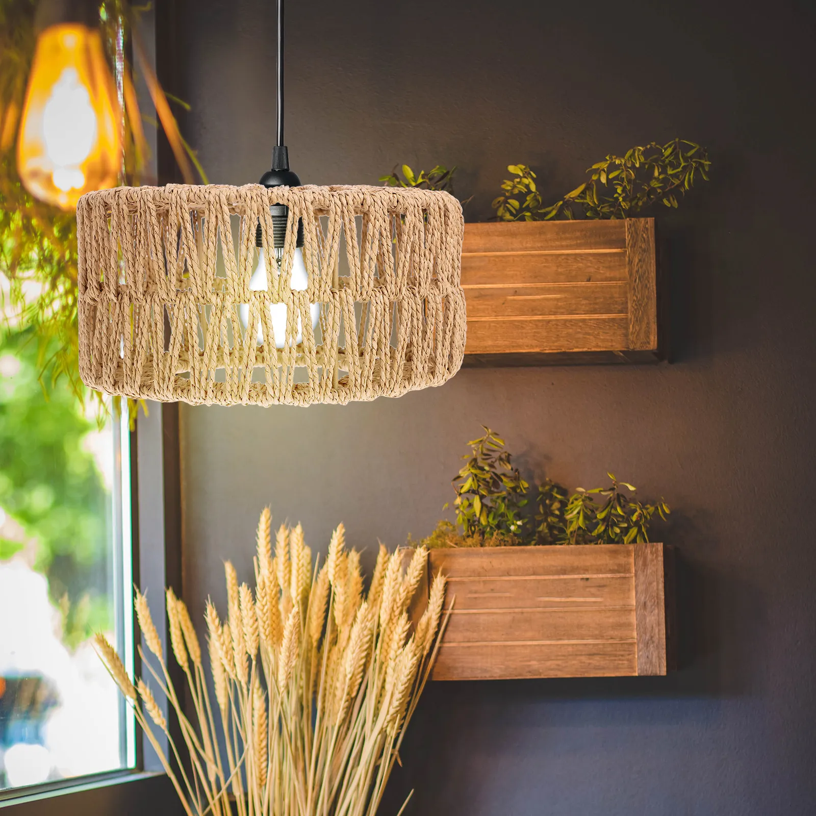 

Straw Rope Lampshade Rustic Woven Ceiling Lamp Cover Replacement Size S Hanging Pendant Light Shade Indoor Warm Atmosphere