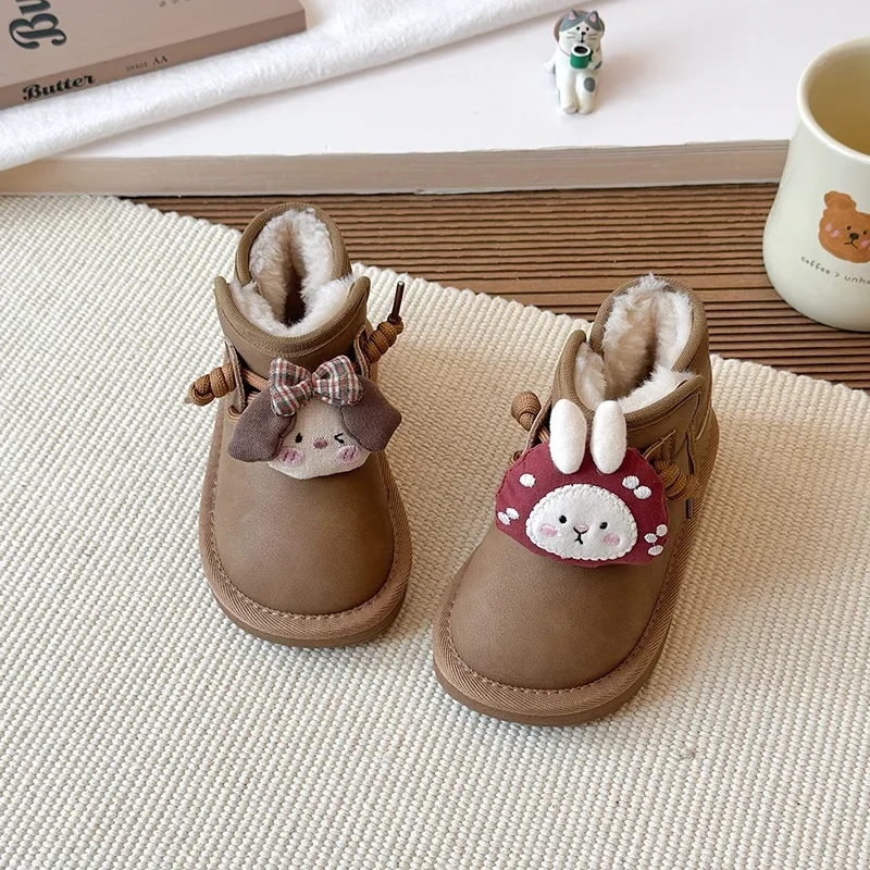 Children Snow Boots with Warm Thick Fur Kids Short Boots Round Toes 2025 Winter New Cute Girls Ankle Boots Soft Bottom Non-slip