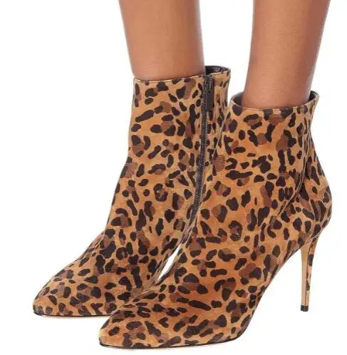 Sexy Women Leopard Suede Black Red Leather Pointed Toe Zipper Back Thin Heels Ankle Boots Female Banquet High Heel Pumps Shoes