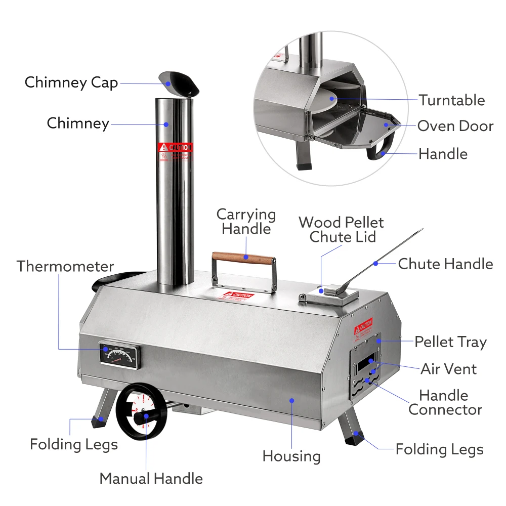 Forno per pizza portatile semiautomatico argento per avventure all'aria aperta, macchina per cucinare il legna, ideale per pizzas al forno in pietra autentica