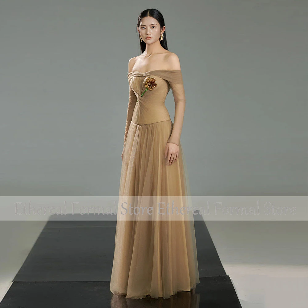 Вечернее платье трапециевидной формы для свадьбы, расшитое бисером, с открытыми плечами, женское вечернее платье с длинными рукавами, вечерние платья