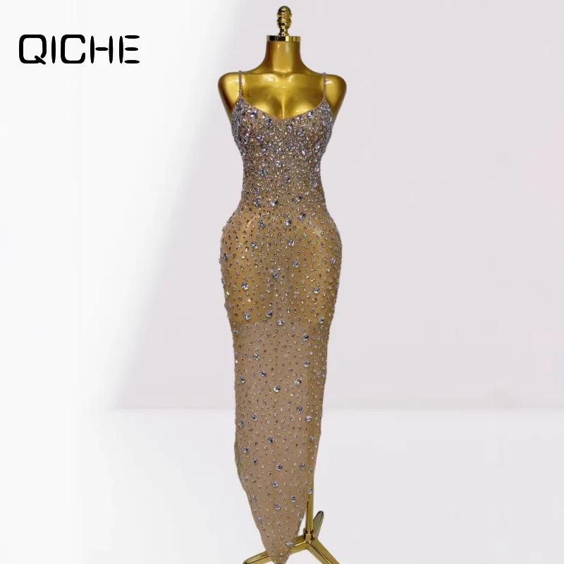 QICHE European Chic Women Sheer Mesh Slip Dress Luxury Hot Rhinestone Sexy Cami Evening Dress For Party Show