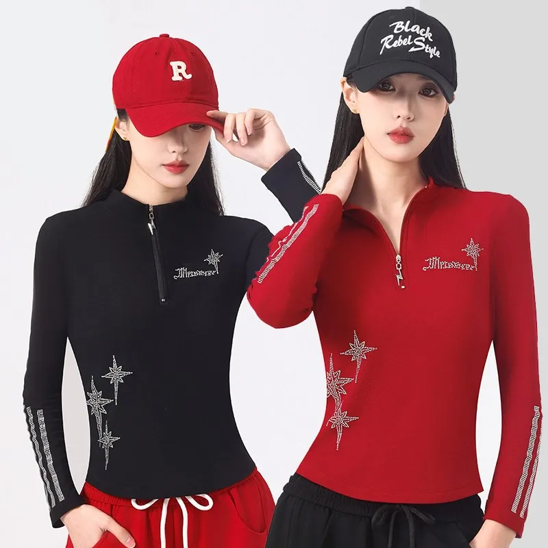 レディーススクエアダンススポーツウェアトップジッパーネックダイヤモンドスリーブカジュアルダンス服春秋の新スタイル長袖綿ポリエステル