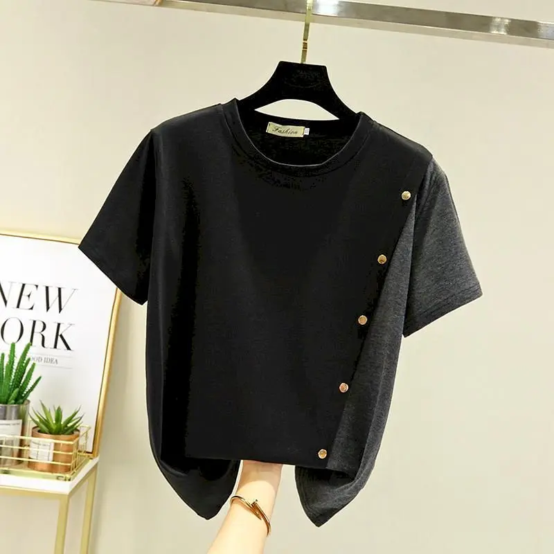 Oversized T Shirt Women Summer Trendy Top Korean Style Irregular Short-sleeved T-shirt Buckle Decoration All-match Casual Tshirt