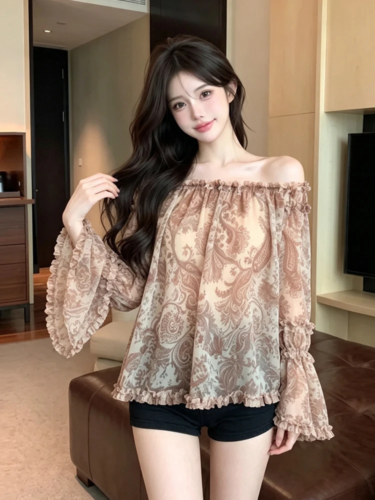 French Style Chiffon Shirt One Shoulder Wood Grain  Flower Print Bell Sleeve Slimming Top for Women Daily Wear