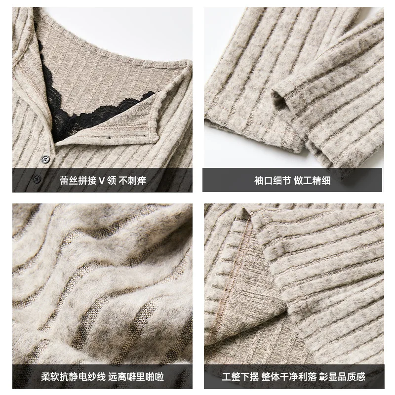 Striped V-neck Lace Splicing Long-sleeved Right-shoulder T-shirt Feminine Slim Fit Inner Layering Top