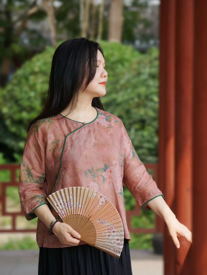 

Женская летняя свободная рубашка в китайском стиле с классическим цветочным принтом Jiangnan, легкая, в стиле ретро, из льна, для комфортного ношения