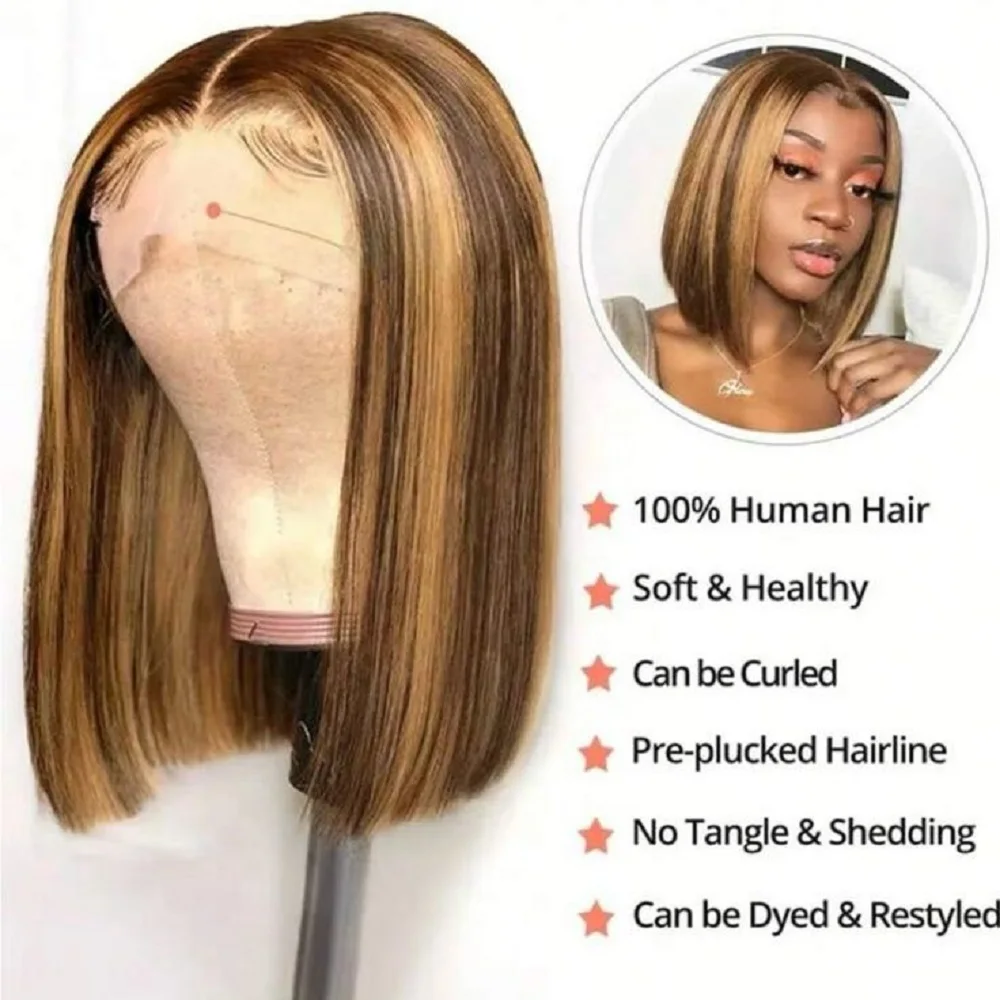 Highlight Honey Blonde Lace Front Wigs Human Hair Pre Plucked Hairline 180% Density Bob Wigs for Women Highlight Bob Wig