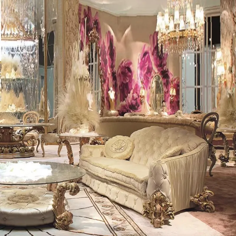 

Solid wood carving fabric embroidery combination sofa European-style villa high-end sofa living room furniture