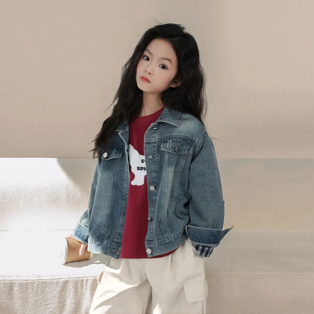

Girls' Spring and Autumn Deinm Jacket Fashion New Style Medium and Large Children's Loose and Versatile Outerwear Casual Coat