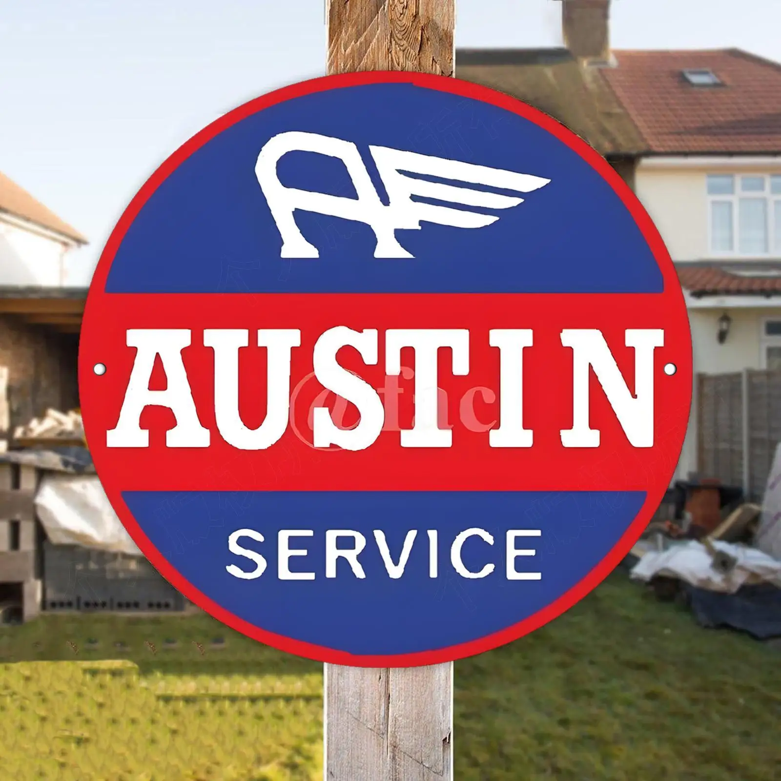 2D Flat, Vintage Austin Service Logo Round Metal Wall Sign - Blue & Red Retro Aluminum Plaque Suitable for Home, Bar, Restaurant