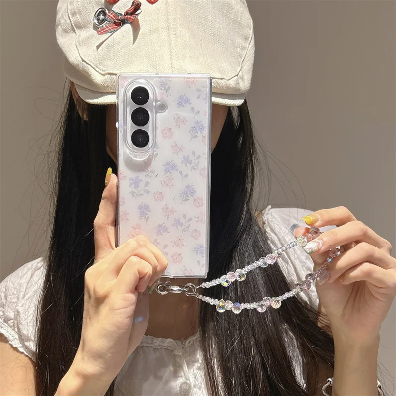 Phone Case For Samsung Galaxy Z Flip 7 FE 6 3 4 5 Z Fold 4 5 6 7 Ins Blue Floral Flower Shockproof Cover