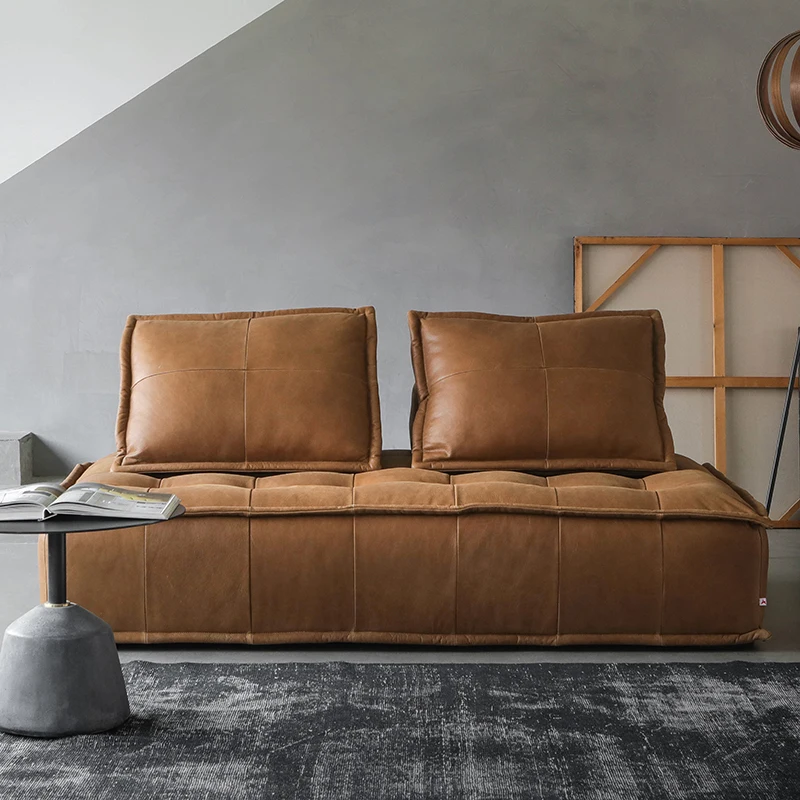 

Nordic expression medieval retro leather sofa combination module tofu block