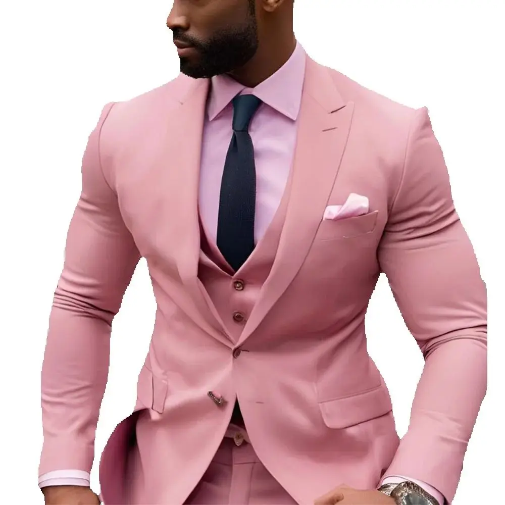 Exquisite Pink Men Suits for Wedding Groomsmen Single Breasted Peak Lapel Slim Fit 3 Piece Jacket Pants Vest Costume Homme 2024