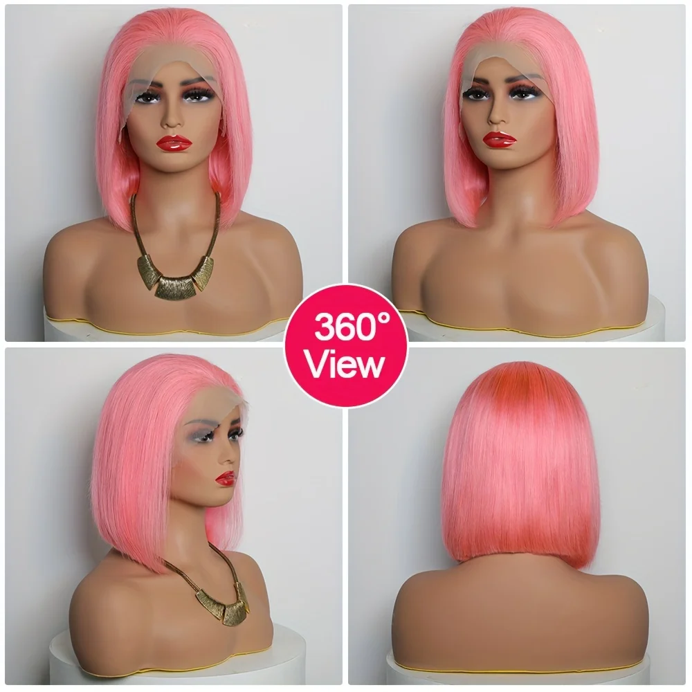 Perucas de Cabelo Humano Bob Direto Brasileiro, Rosa, Pré Arrugado, Cabelo Do Bebê, Transparente Lace Front, 13x4