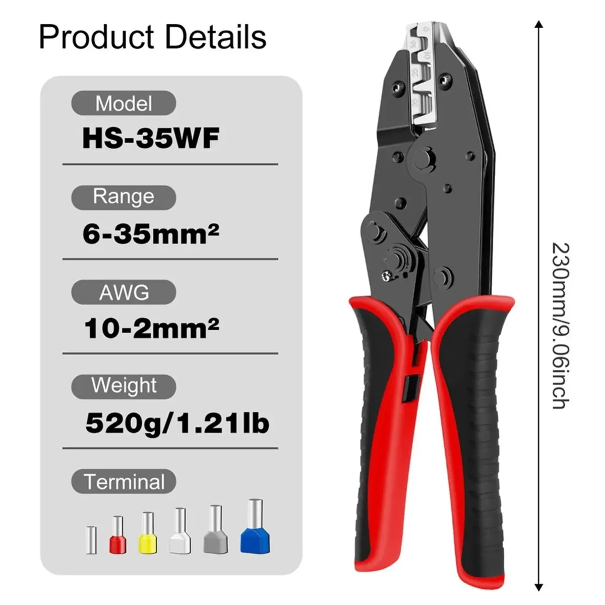 2026 New Crimping Tool for Sleeves Ferrule Terminals - Ratcheting Wire Crimpers - AWG 10-2 (6-35mm²) - Ratchet Terminal Crimper