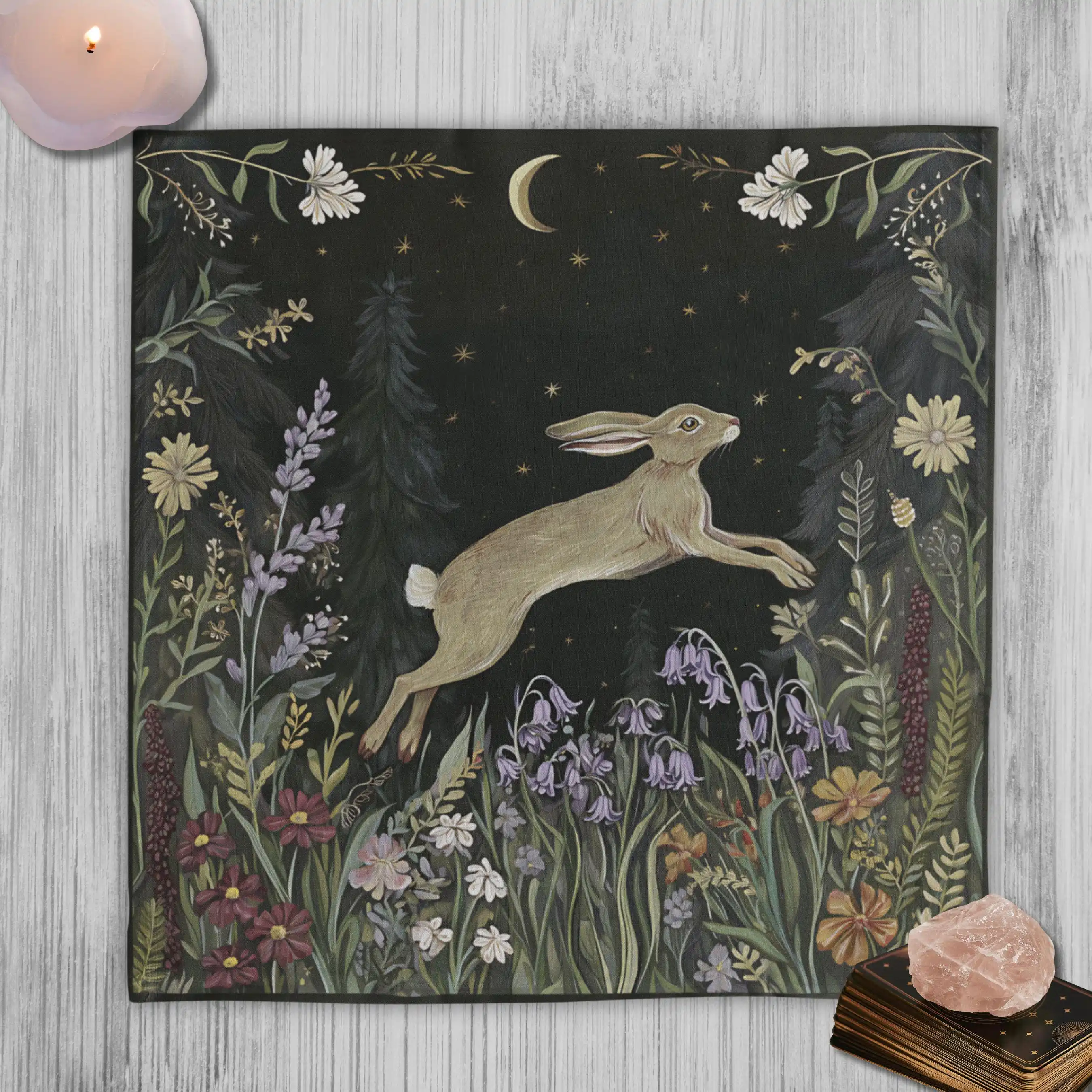 VIKAMA Dark Moon Night Hare Flower Tablecloth Witch Altar Cloth Mysterious Tarot Divination Ceremony Tarot Card Tablecloth