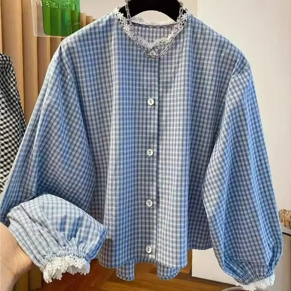 French Style Round Neck Plaid Shirt Long Sleeve Charming Women Shirts Gentle Retro Women Blouse