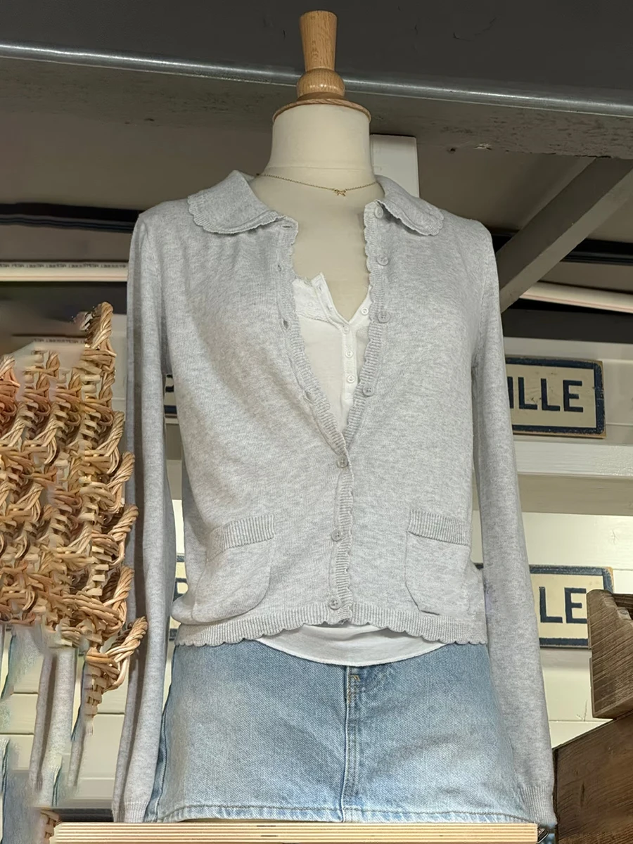 

Серый вязаный свитер с длинными рукавами, кардиган, женский осенний карман с воротником Питера Пэна, хлопковые тонкие свитера, повседневные милые новые укороченные топы