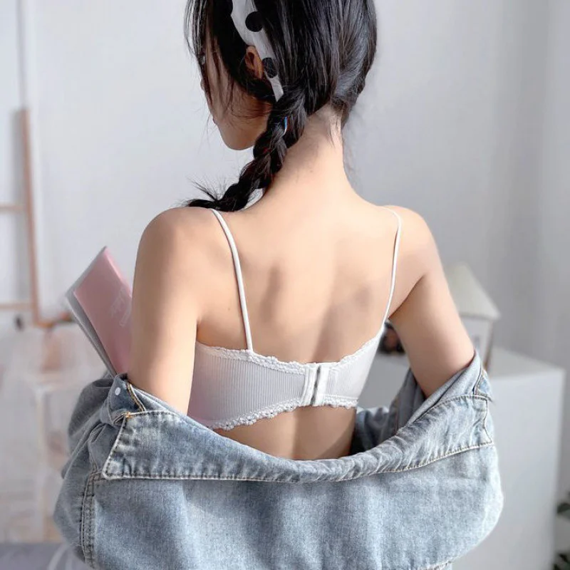 Women Pure Cotton Bandeau Wireless Bra Beautiful Back One Word Lace Tube Top Underwear