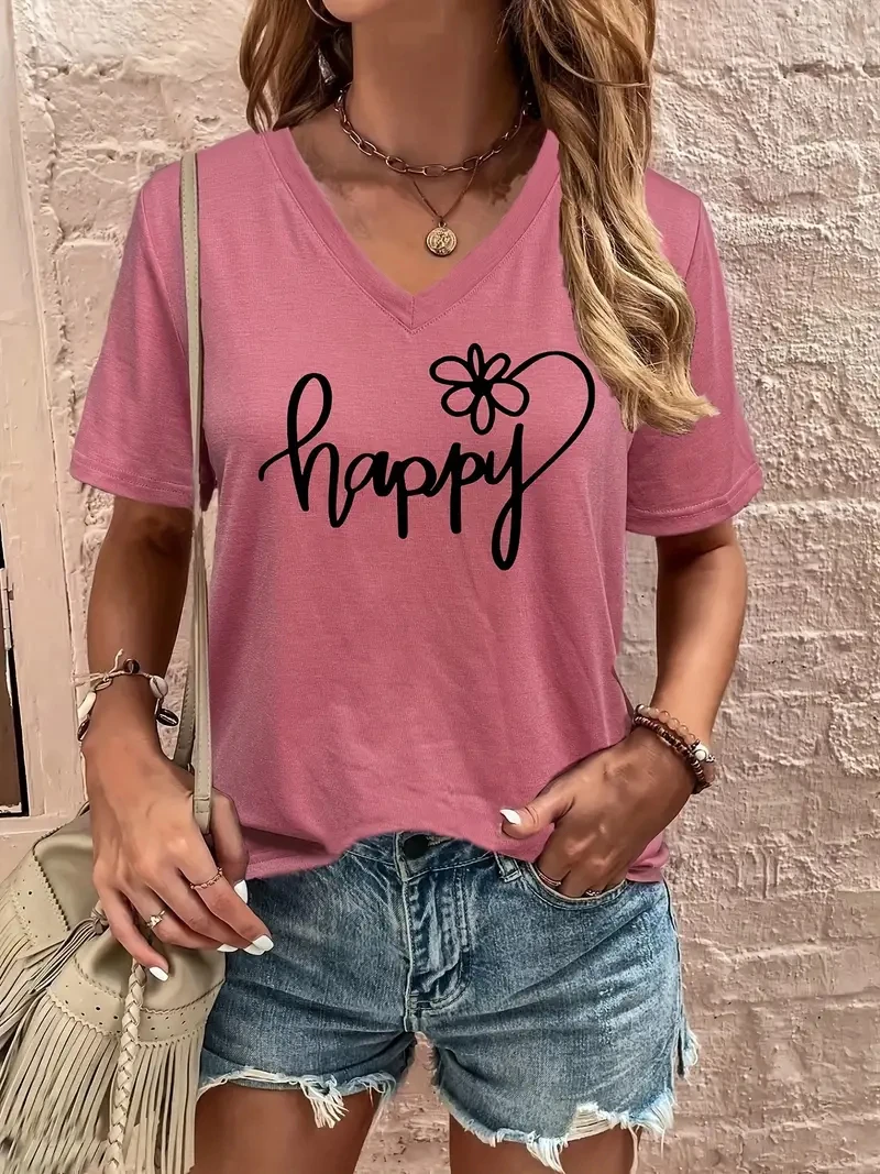 재미 있은 편지 인쇄 여성 티셔츠 패션 v-목 짧은 소매 탑 캐주얼 여성 의류 여름 패션 꽃 패턴 소녀 티