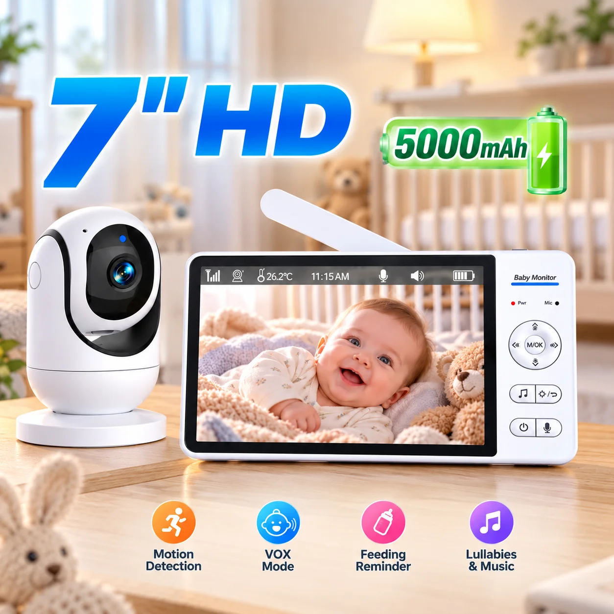 No WiFi 7 Inch 5000mAh Battery Baby Monitor 4X Zoom 2-Way Audio Night Vision Wireless Kids Protection Surveillance Video Camera