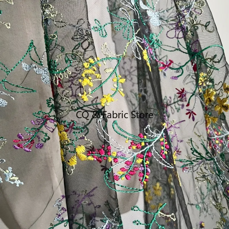 

Вышитая кружевная ткань, черная сетка с разноцветными цветами для женщин, платья, изготовление Cheongsam