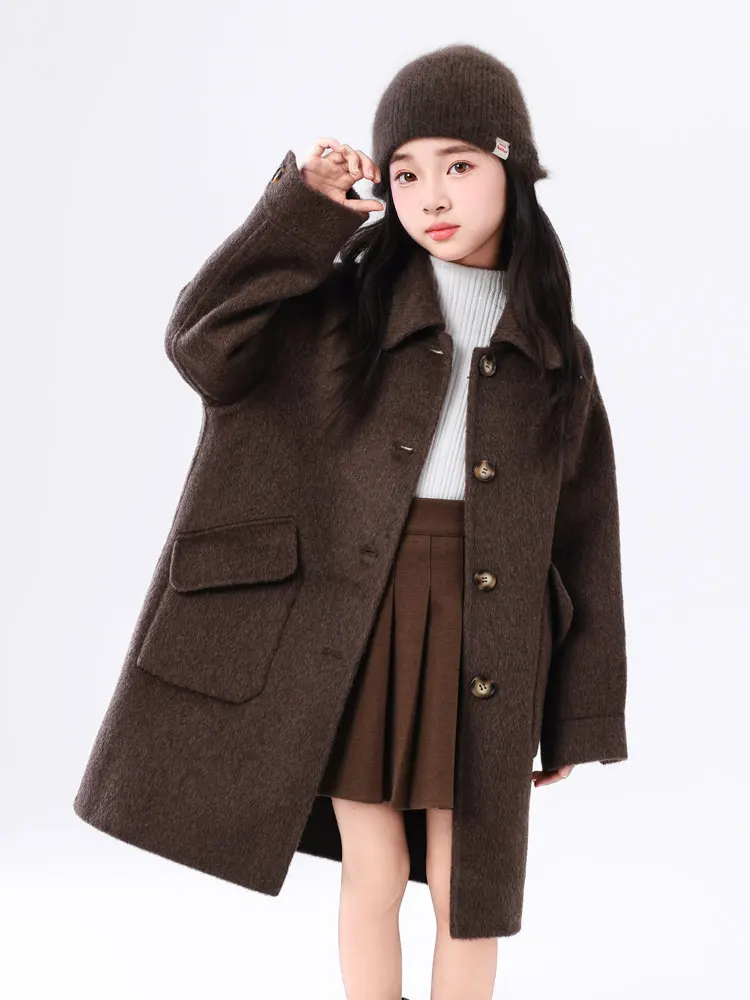 Children 100% Pure Wool Double-Faced Coat Unlined Long Single Breasted Overcoat Relaxed Patch Pocket Outerwear Kids Long Coat