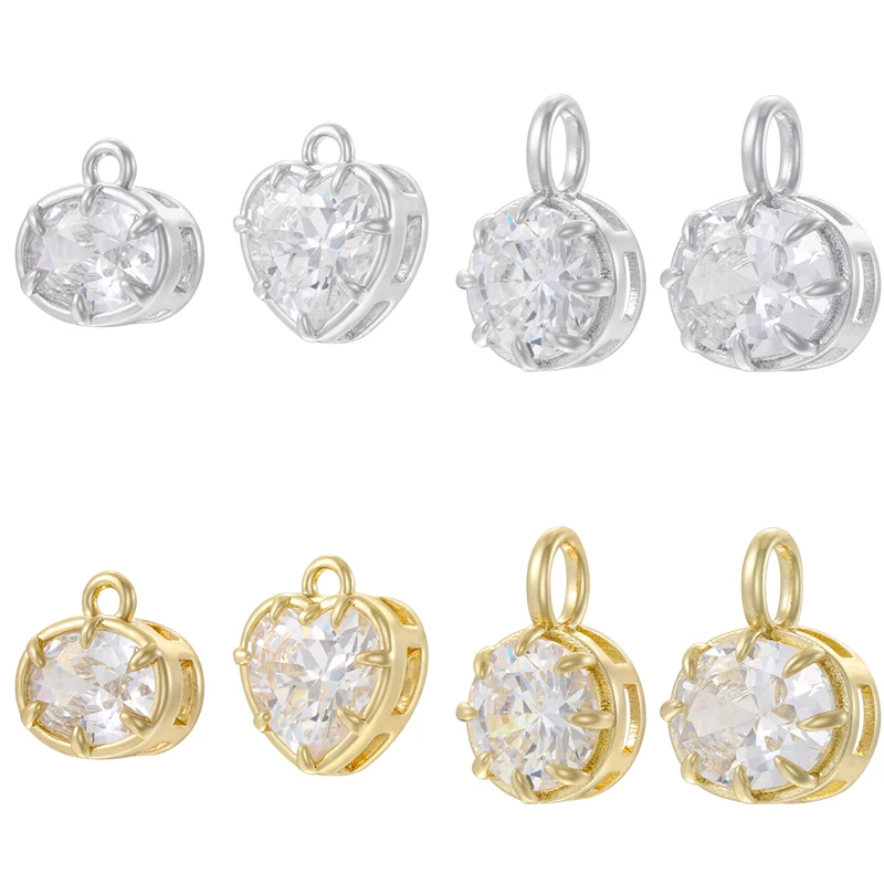 Round Heart Oval Shiny CZ Charm Brass Pendants 18K Gold Plated for DIY Jewelry Making:VD2433-VD2436
