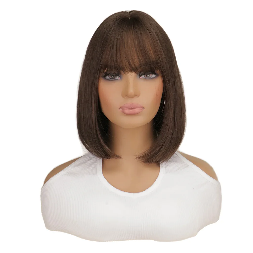 

Dark Brown Synthetic Wig with Bangs Medium Straight Layered Natural Hairs for Women Daily Cosplay Heat Resistant Wigs Party