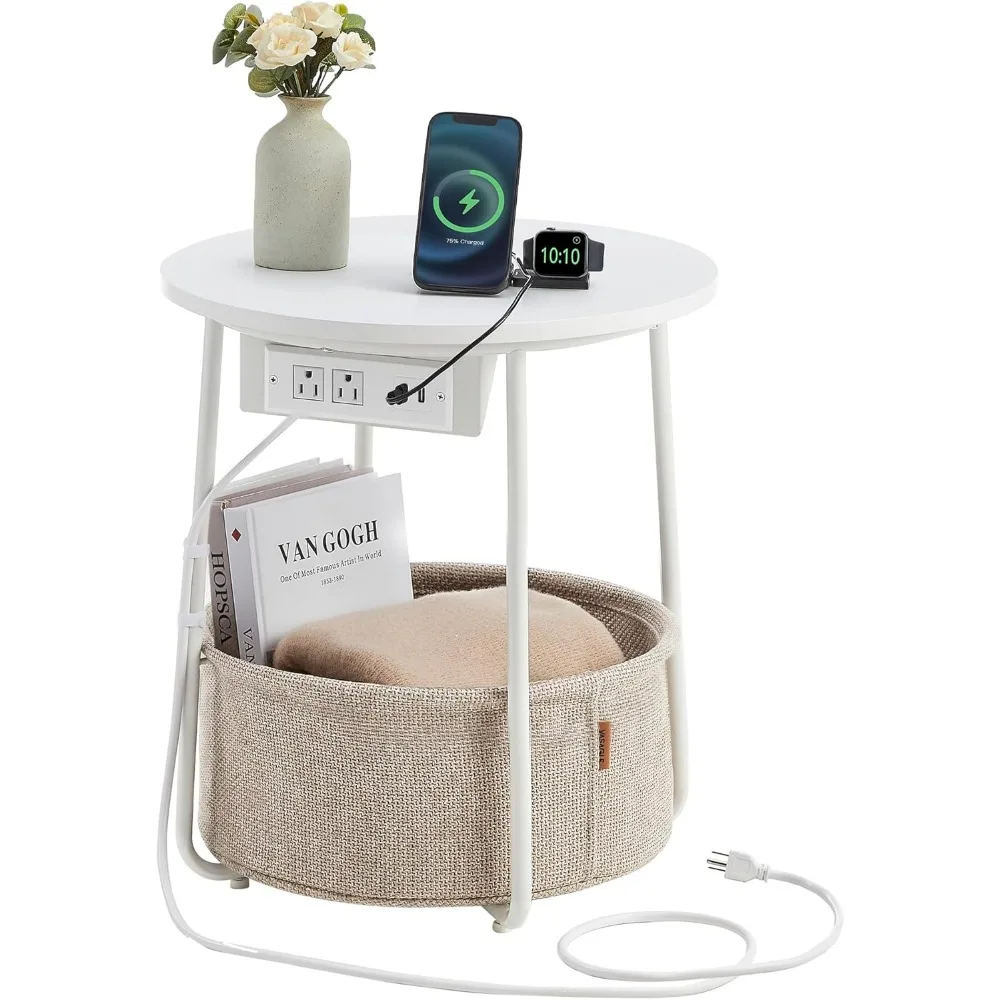 

Side Table with Charging Station, Round End Table With Fabric Basket, Nightstand with Power Outlets USB Ports, for Living Room