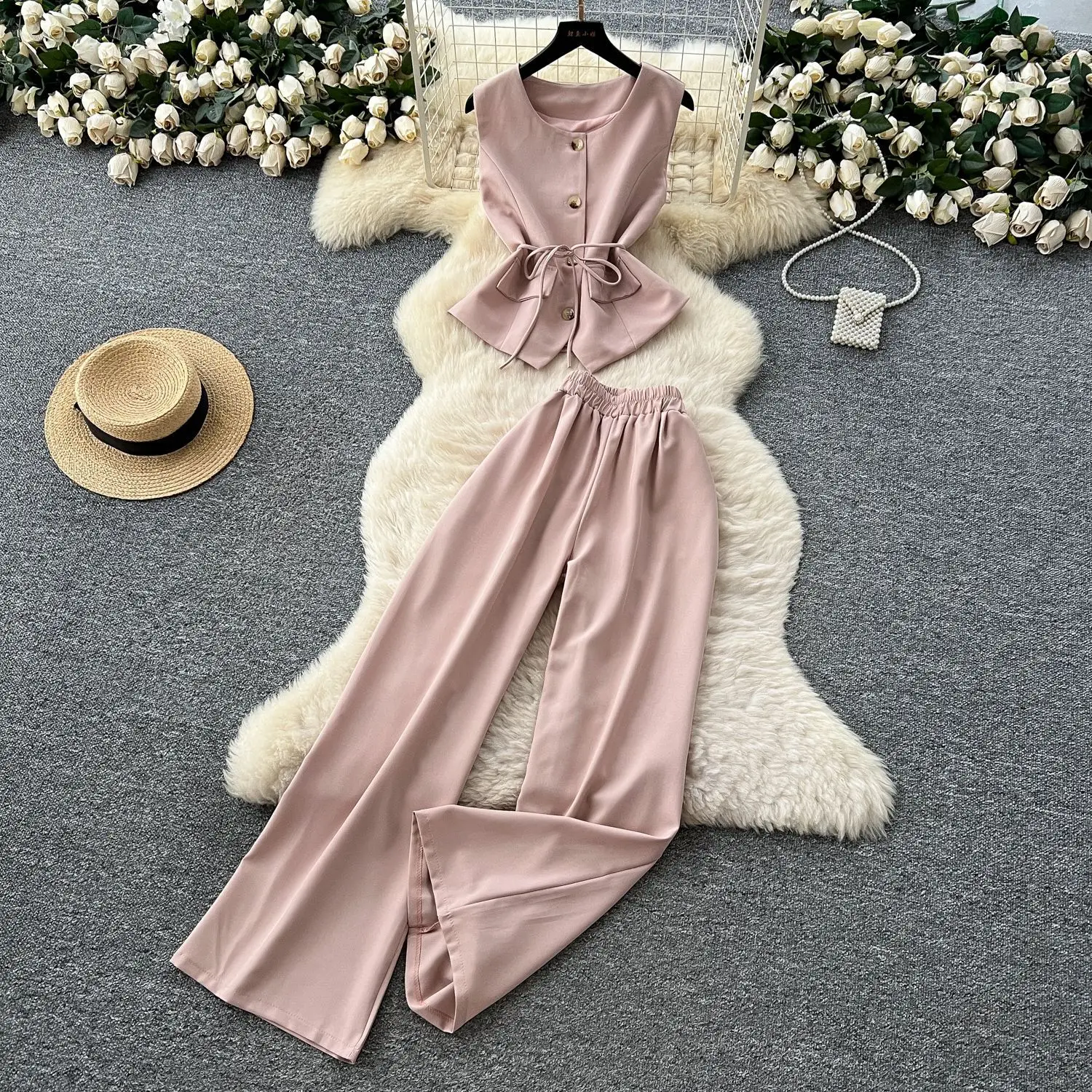 

Women Pant Set Two Piece Sets Round Neck Sleeveless Tops Y2k Streetwear Wide Leg Long Pants High Elastic Waist Work 2025