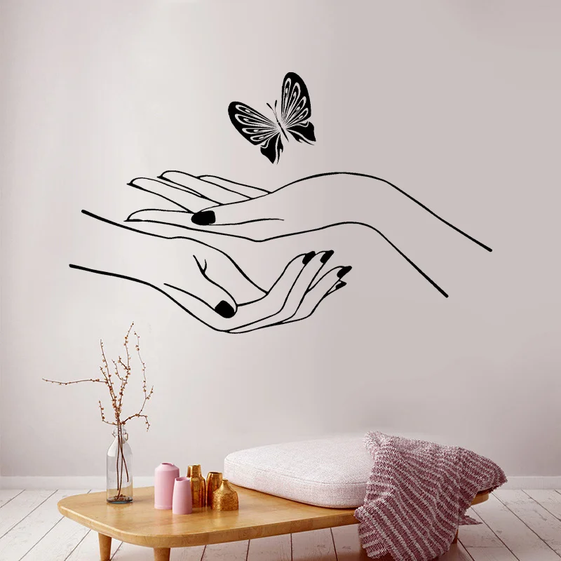 Nail Salon Beauty Salon Wall Sticker Vinyl Butterfly Hands Interior Decoration Makeup Shop Window Decals Removable Murals F775