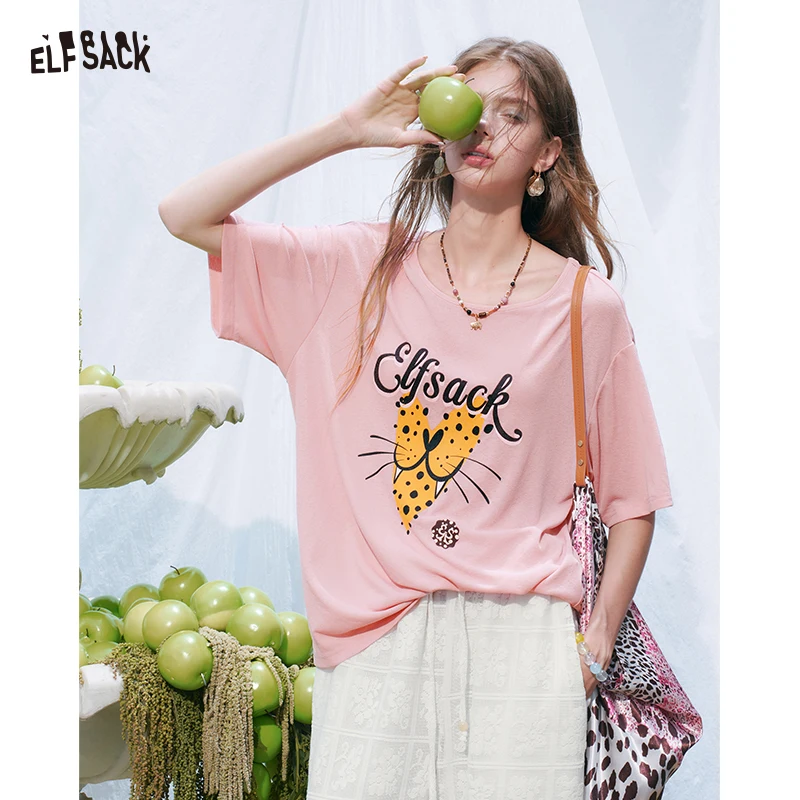 ELFSACK Women's Casual Loose T‑Shirt with Leopard Heart Graphic Print, Short Sleeve Heather Tee for Summer, Daily Basic Wear Top