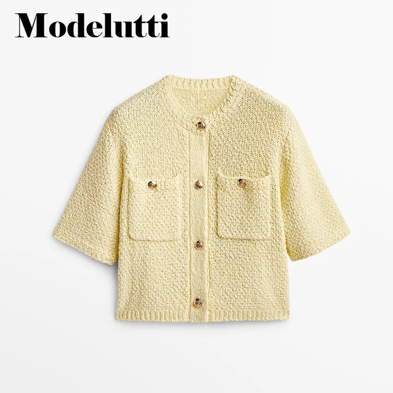 Autumn 2023 New Fashionable Women Short Sleeve Knitted Sweater Coat Pockets Solid Wild Simple Casual Tops Female Chic