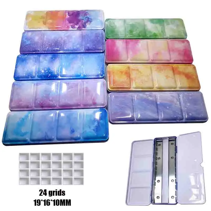 

Multi Color Watercolor Pigment Packaging Iron Box UV Printing Tinplate with Card Holder Foldable Watercolor Supplies Palette